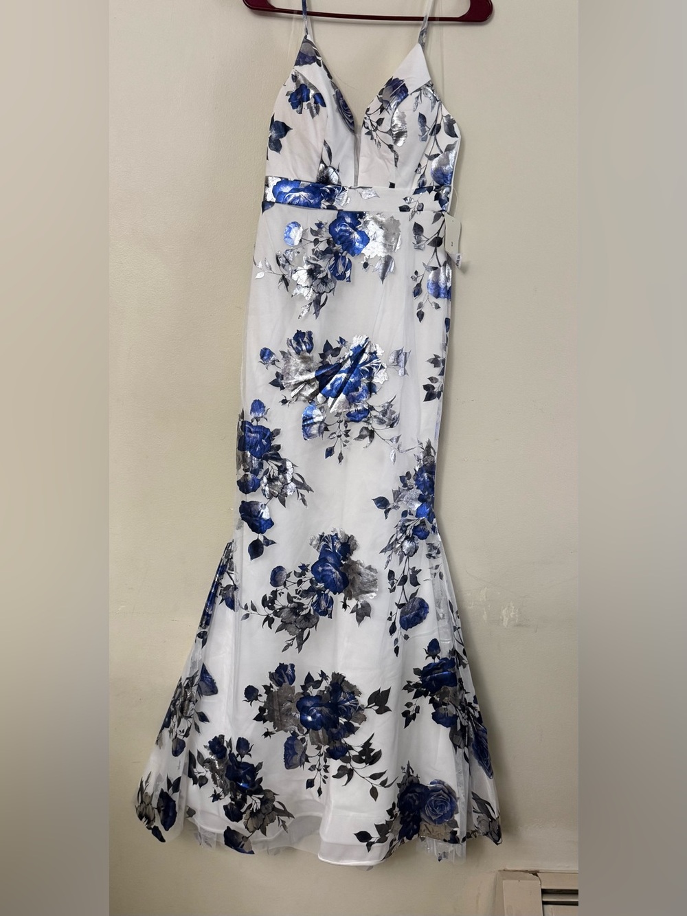 White Maxi Dress with Blue and Silver Floral Print